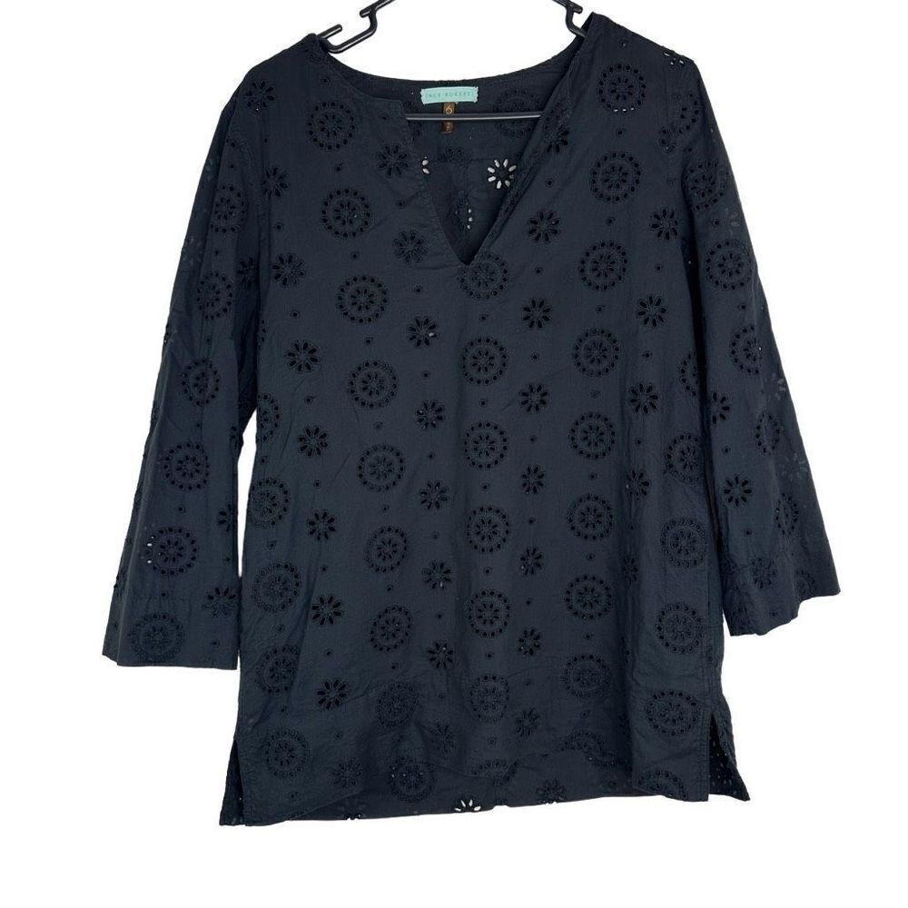 Jack Rogers Womens Black Eyelet Vneck Top‎ Size 6 Preppy 3/4 Sleeves Cotton